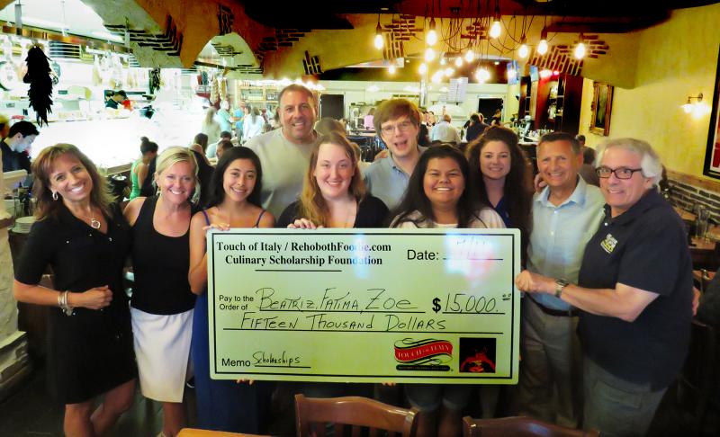 RehobothFoodie.com/Touch of Italy Culinary Scholarship winners each receive $5,000 over two years if they maintain their high grades. Last week's awards presentation included (l-r) Lori Ewald, public relations for Touch of Italy; Carrie Leishman, executive director of the Delaware Restaurant Association; scholarship winner Beatriz Balderas-Ramirez; scholarship foundation trustee and Touch of Italy owner Bob Ciprietti; scholarship winner Zoe Jeffrey; scholarship selection committee member Michael J. Hurd, Ph.D., LCSW; scholarship winner Fatima Flores; Delaware Restaurant Association ProStart Director of Education Raelynn Grogan; Delaware Technical Community College Instructional Director for Culinary Education, Chef Ed Hennessy, and scholarship foundation trustee, yours truly. KAREN STAUFFER PHOTO